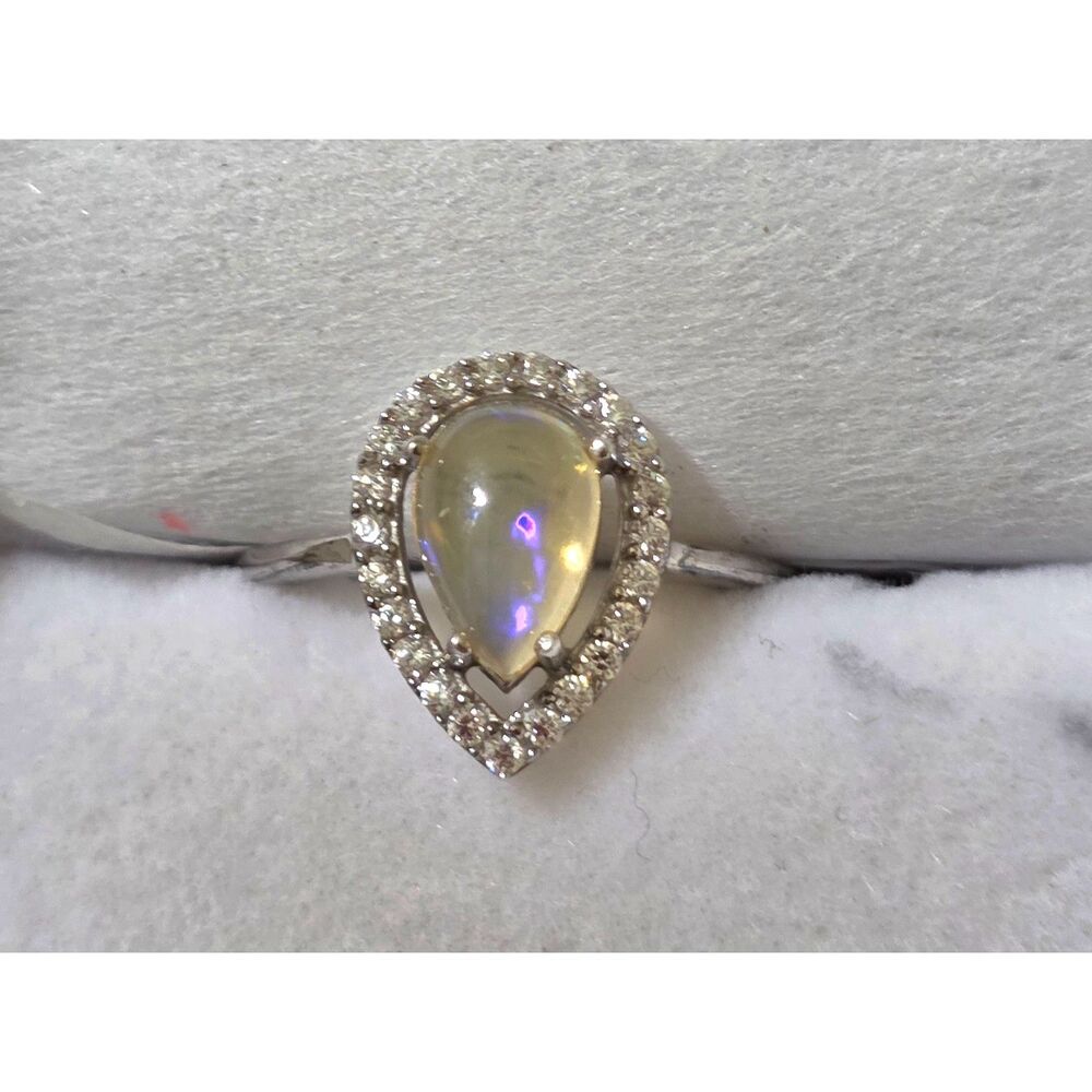 Sterling Silver Pear Cut Ethiopian Crystal Welo Opal Halo Ring. Size 6.5
